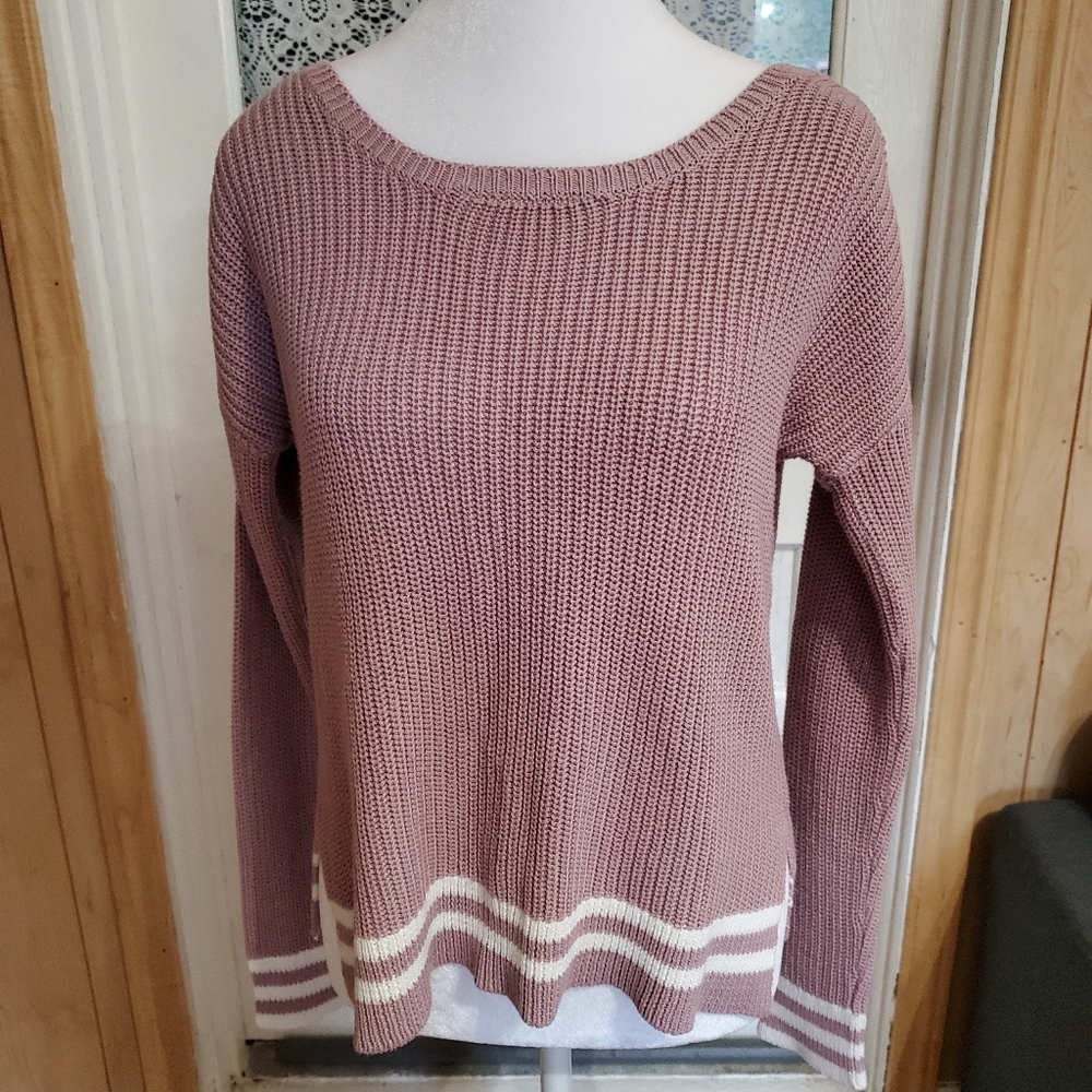Pink Rose Mauve Knit Pullover Striped Hem Sweater Size‎ Medium